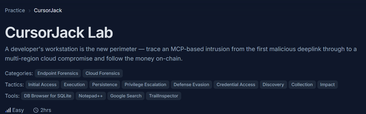 CyberDefenders CursorJack Lab overview: A developer's workstation is the new perimeter — trace an MCP-based intrusion from the first malicious deeplink through to a multi-region cloud compromise and follow the money on-chain. Categories: Endpoint Forensics, Cloud Forensics. Tactics span Initial Access through Impact. Tools: DB Browser for SQLite, Notepad++, Google Search, TrailInspector. Difficulty Easy, 2 hours estimated.