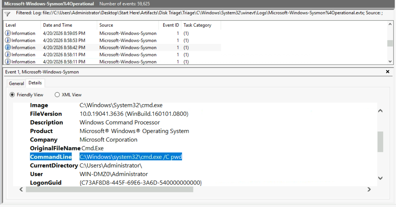 Event Log Explorer showing Sysmon Event ID 1 (Process Creation). The highlighted entry shows CommandLine: C:\Windows\system32\cmd.exeC pwd — the first command executed by the attacker after gaining remote shell access. User is WIN-DMZ0\Administrator. CurrentDirectory is C:\Users\Administrator.