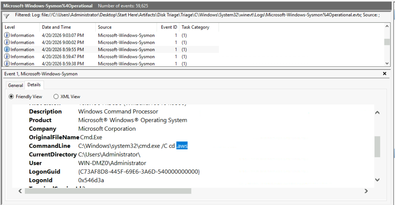 Event Log Explorer showing CommandLine: C:\Windows\system32\cmd.exeC cd .aws — the attacker navigating directly to the AWS credentials directory. The .aws folder is the default location where the AWS CLI stores plaintext access keys in the credentials file.