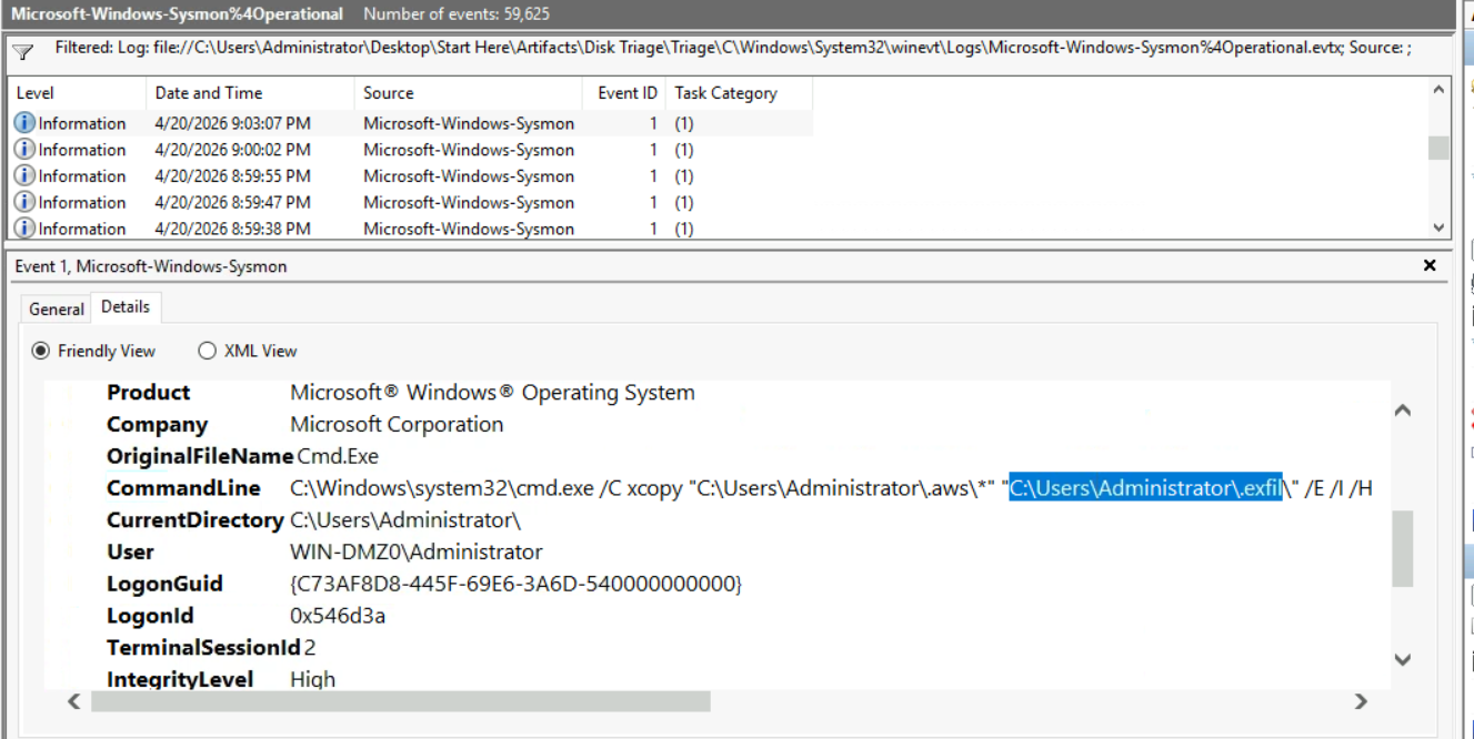 Event Log Explorer showing the xcopy command: C:\Windows\system32\cmd.exeC xcopy "C:\Users\Administrator.aws*" "C:\Users\Administrator.exfil"EIH — revealing the attacker created a staging directory named .exfil and copied all AWS credential files into it with hidden file inclusion (/H flag).