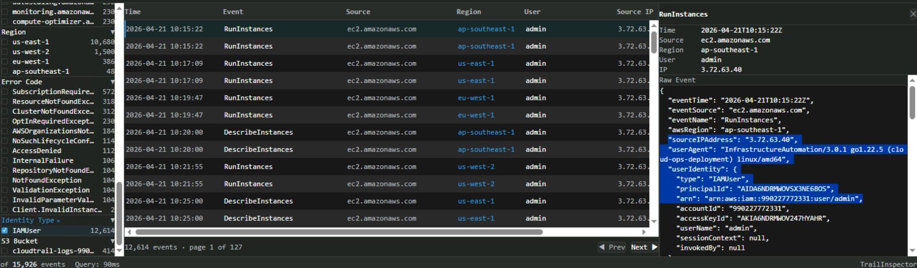 TrailInspector showing 12,614 CloudTrail events. The detailed panel shows a RunInstances event: Time 2026-04-21T10:15:22Z, Source ec2.amazonaws.com, Region ap-southeast-1, User admin, IP 3.72.63.40. The raw JSON reveals the sourceIPAddress as 3.72.63.40, userAgent as InfrastructureAutomation/3.0.1 go1.22.5, principalId as AIDA6NDRMWOVSX3NE6BOS, and ARN as arn:aws:iam::990227772331:user/admin.