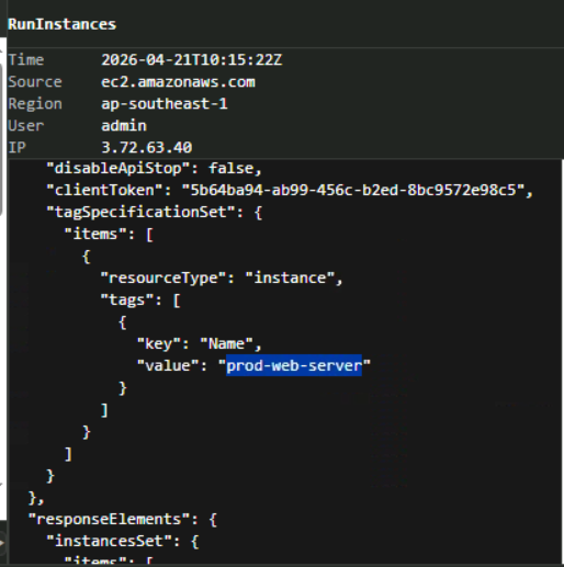 TrailInspector detail panel showing the tagSpecificationSet from a RunInstances event. The tag has key "Name" with value "prod-web-server" (highlighted in blue) — a deliberately benign name designed to blend in with legitimate corporate infrastructure on AWS dashboards and billing reports.