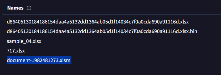 VirusTotal Names section showing five filenames associated with this hash: the full SHA-256 as .xlsx, sample_04.xlsx, 717.xlsx, and document-1982481273.xlsm — the last filename highlighted as the social-engineered delivery name.