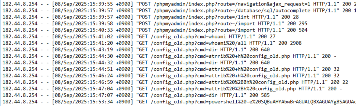 Apache access.log from 08/Sep/2025 showing the second attacker 182.44.8.254 executing commands via the planted web shell: GETconfig_old.php?cmd=whoami returning 200 with 27 bytes, GETconfig_old.php?cmd=whoami%20/all returning 2908 bytes, GETconfig_old.php?cmd=dir, and then attrib commands attempting to hide the web shell file from directory listings.