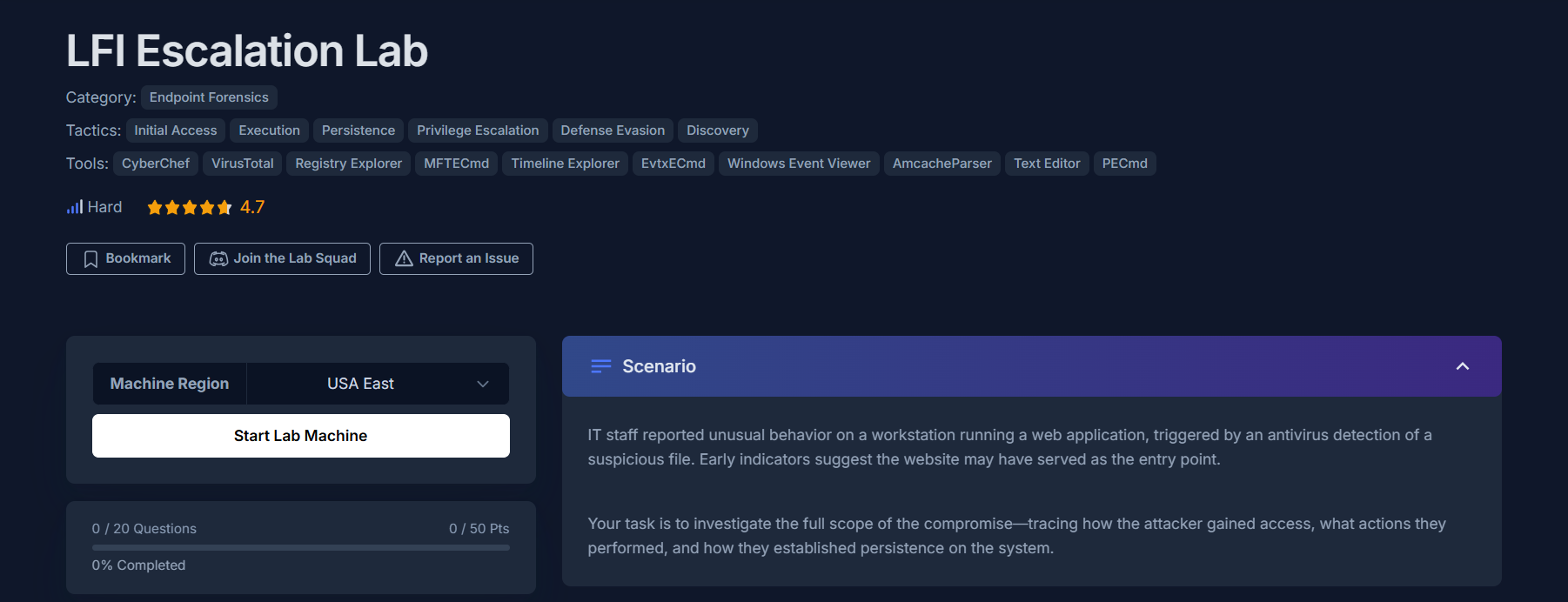 CyberDefenders LFI Escalation Lab overview: Hard difficulty, Endpoint Forensics category, 20 questions, 50 points. Tactics include Initial Access, Execution, Persistence, Privilege Escalation, Defense Evasion, and Discovery.