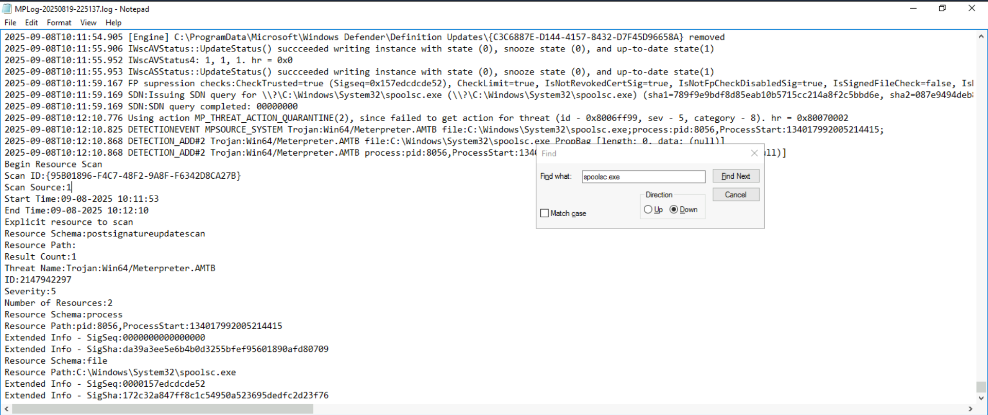 MPLog-20250819-225137.log opened in Notepad with a Find dialog searching for "spoolsc.exe", showing the full DETECTIONEVENT entry: Trojan:Win64/Meterpreter.AMTB at C:\Windows\System32\spoolsc.exe with SigSha: da39a3ee5e6b4b0d3255bfef95601890afd80709 (SHA1) and 172c32a847ff8c1c54950a523695dedfc2d23f76 (SHA2), and process PID 8056 with ProcessStart timestamp 134017992005214415.