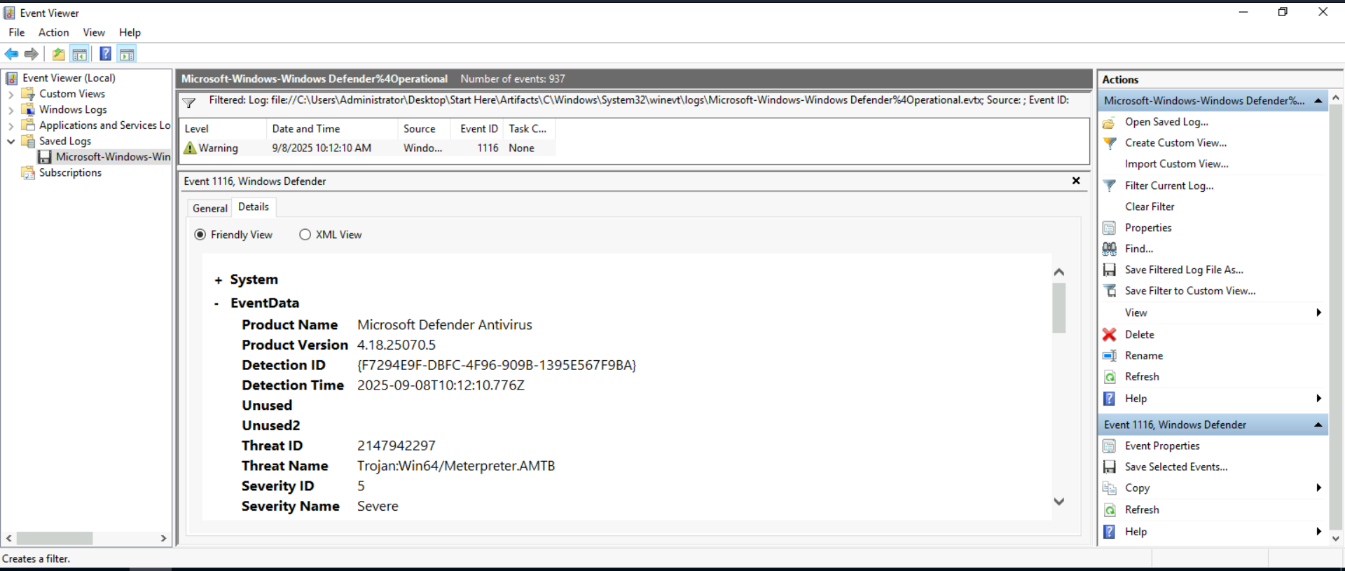 Windows Event Viewer showing Microsoft-Windows-Windows Defender Operational log, filtered to Event ID 1116. The single Warning event at 9/8/2025 10:12:10 AM shows Threat Name: Trojan:Win64/Meterpreter.AMTB, Severity ID: 5 (Severe), and Detection Time: 2025-09-08T10:12:10.776Z.