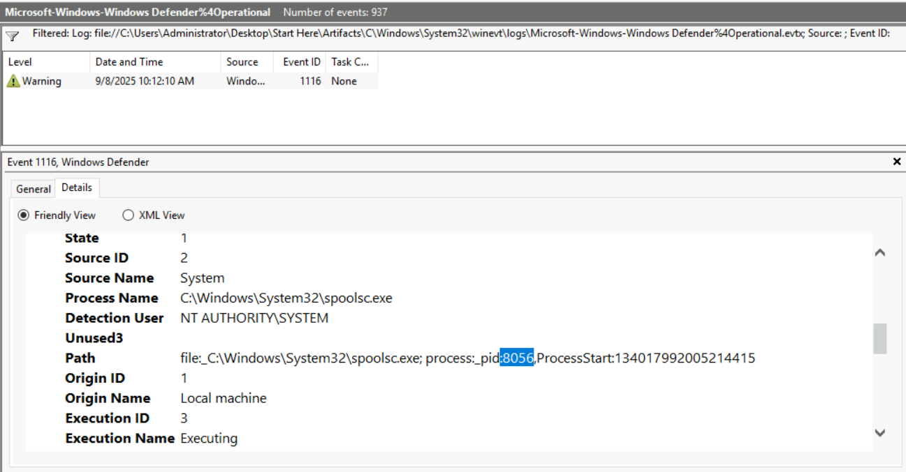 Windows Event Viewer detail view of Event 1116 showing the Process Name: C:\Windows\System32\spoolsc.exe, Detection User: NT AUTHORITY\SYSTEM, and the Path field: file:_C:\Windows\System32\spoolsc.exe; process:_pid:8056,ProcessStart:134017992005214415 — confirming the PID of the Meterpreter implant at the time of detection.