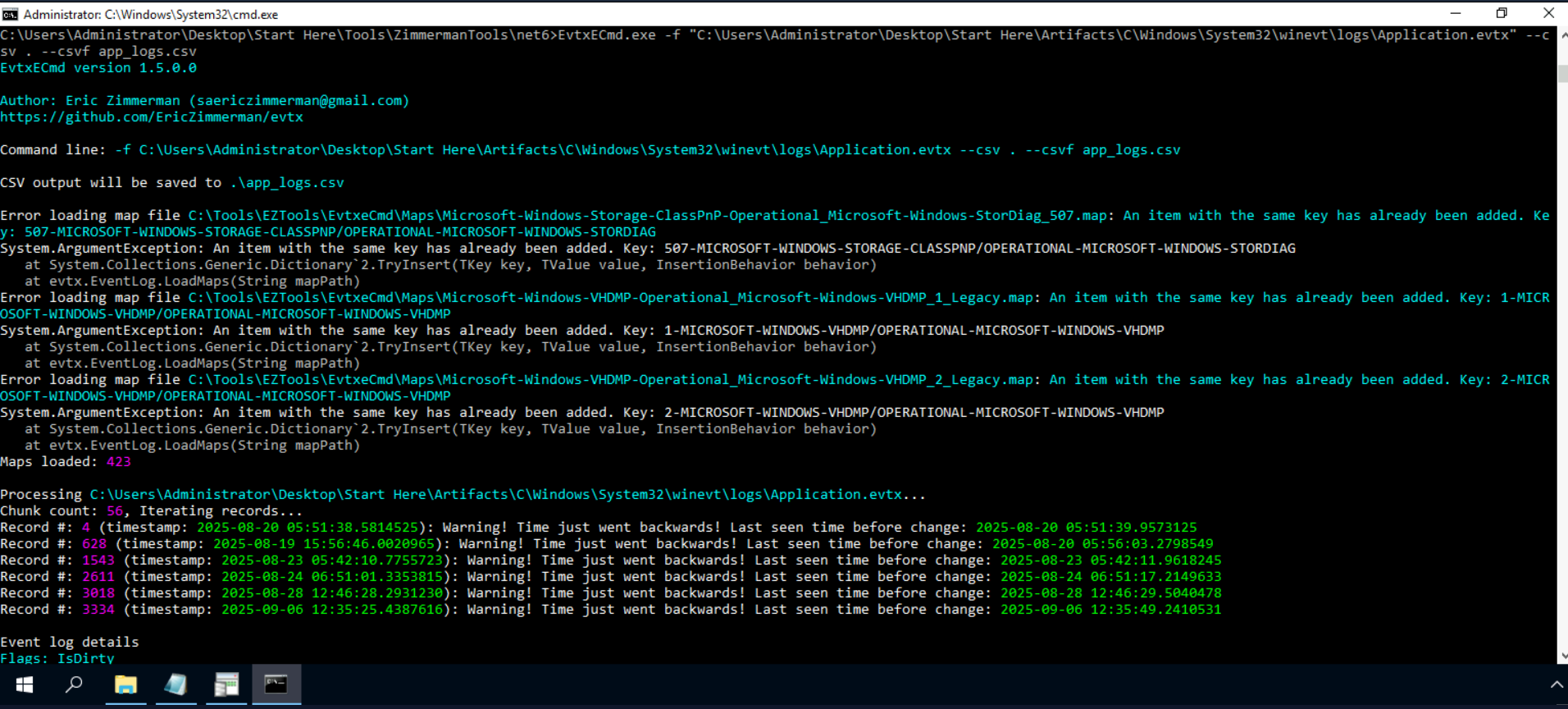 Command prompt running EvtxECmd.exe against the Application.evtx event log, outputting app_logs.csv. The tool shows 56 chunks processed with several timestamp warnings, confirming successful parsing of the application event log for timeline correlation.