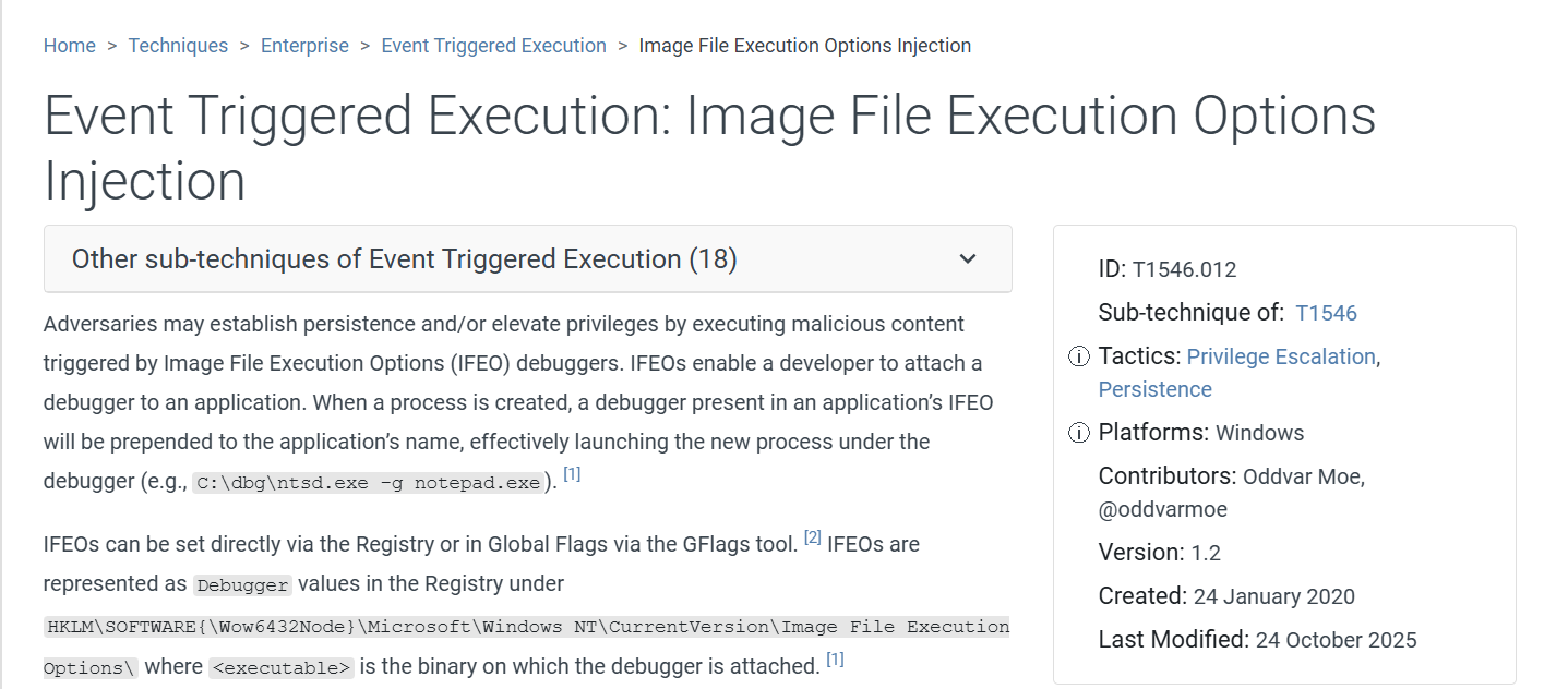 MITRE ATT&CK T1546.012 — Event Triggered Execution: Image File Execution Options Injection technique page. The technique enables adversaries to establish persistence and elevate privileges by hijacking the IFEO debugger mechanism under HKLM\SOFTWARE\Microsoft\Windows NT\CurrentVersion\Image File Execution Options.