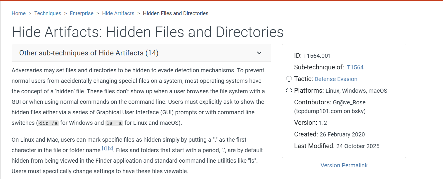 MITRE ATT&CK T1564.001 — Hide Artifacts: Hidden Files and Directories technique page showing how adversaries use file attribute manipulation to conceal malicious files from standard directory listings, with the attrib command as the primary Windows method.