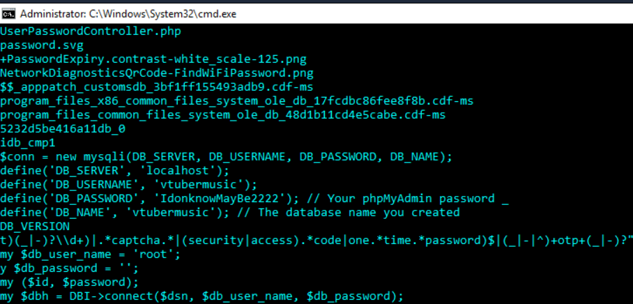 Command prompt showing strings output of config.php with the MySQL connection clearly visible: define('DB_SERVER', 'localhost'), define('DB_USERNAME', 'vtubermusic'), define('DB_PASSWORD', 'IdonknowMayBe2222'), define('DB_NAME', 'vtubermusic') — complete database credentials exposed through the LFI vulnerability.