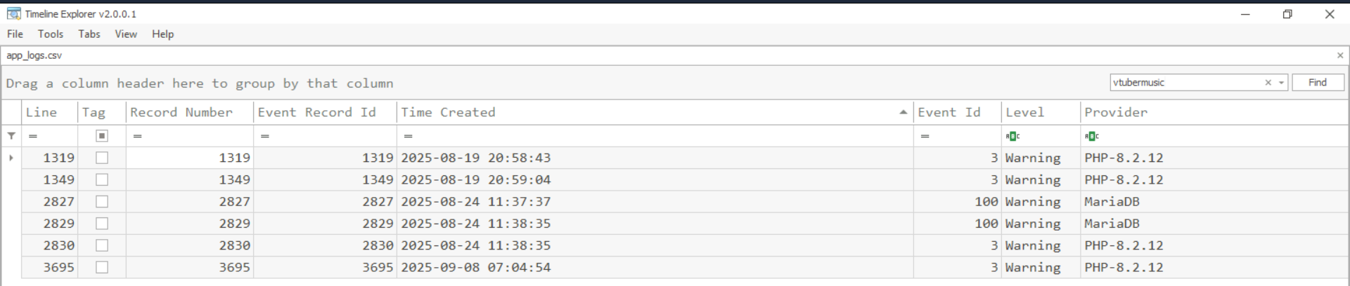 Timeline Explorer showing app_logs.csv filtered for "vtubermusic", displaying PHP-8.2.12 Warning entries from 2025-08-19, MariaDB Warning events from 2025-08-24, and a final PHP Warning at 2025-09-08 07:04:54 — correlating web application events with the endpoint compromise timeline.