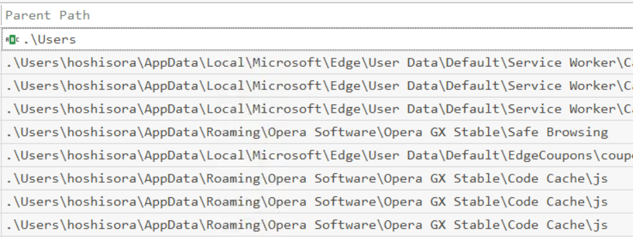 Timeline Explorer MFT file listing showing paths under .\Users\hoshisora\ including AppData\Local\Microsoft\Edge and AppData\Roaming\Opera Software — confirming the compromised user account is named hoshisora.