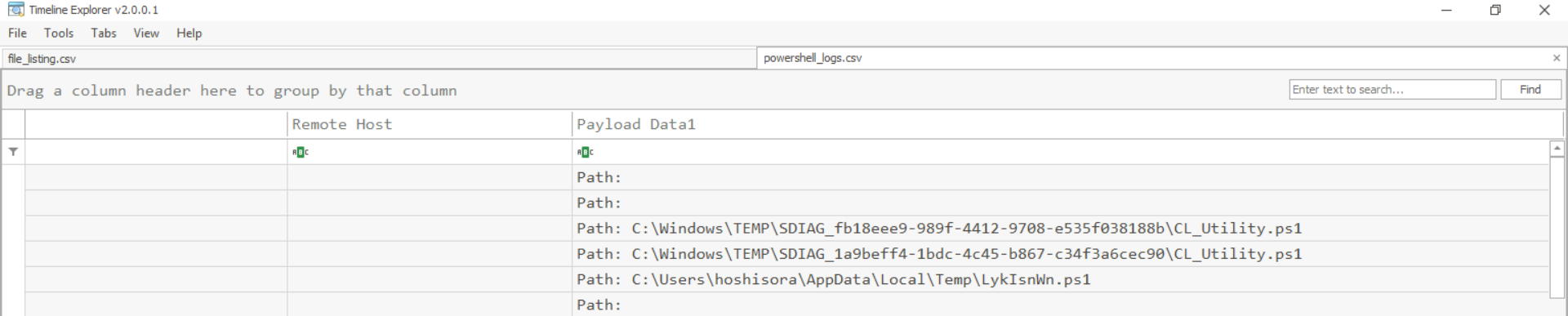 Timeline Explorer showing powershell_logs.csv with the Payload Data1 column revealing script paths: C:\Windows\TEMP\SDIAG_fb18eee9-989f-4412-9708-e535f038188b\CL_Utility.ps1, C:\Windows\TEMP\SDIAG_1a9beff4-1bdc-4c45-b867-c34f3a6cec90\CL_Utility.ps1, and C:\Users\hoshisora\AppData\Local\Temp\LykIsnWn.ps1 — a randomly-named script consistent with a UAC bypass stager.