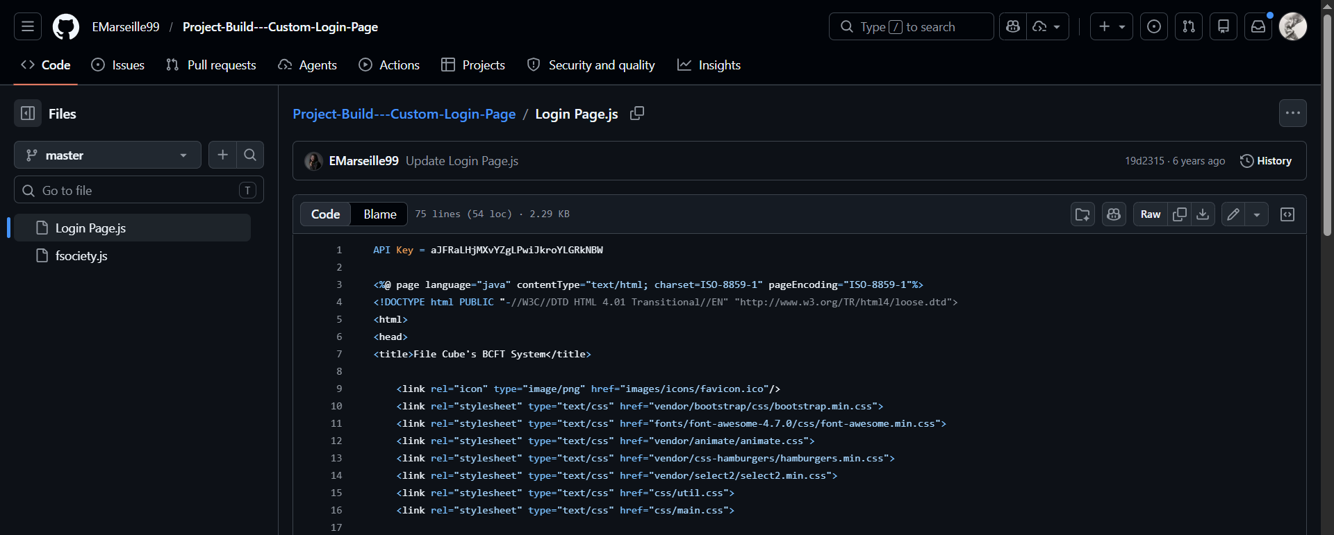 GitHub repository Project-Build---Custom-Login-Page showing Login Page.js file with a hardcoded API key on line 1: aJFRaLHjMXvYZgLPwiJkroYLGRkNBW — a textbook secret scanning failure.