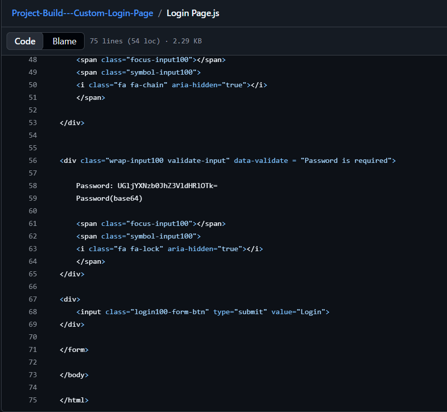 GitHub showing a Base64-encoded string embedded in the Login Page HTML: UGljYXNzb0JhZ3VldHRlOTk= — an obfuscated credential left in a public repository.