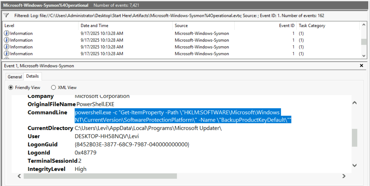 Event log showing taskkillFIM msedge.exe command executed by the malware to forcefully terminate all Microsoft Edge browser processes, releasing the SQLite database file locks.
