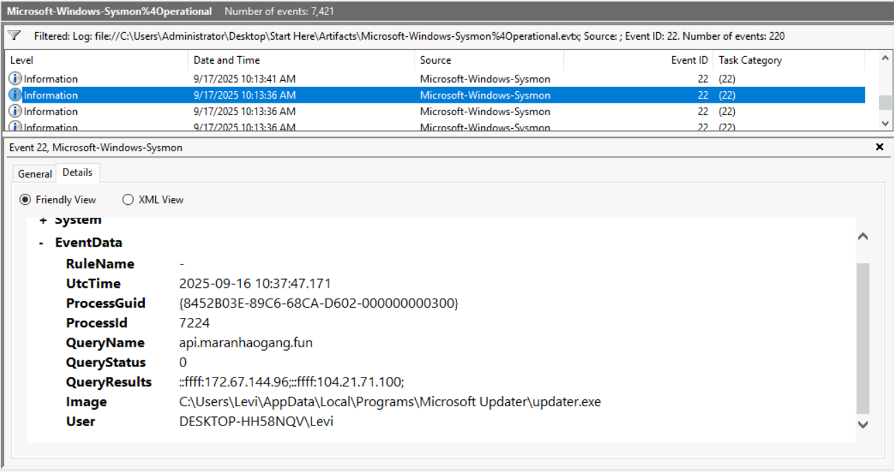 DNS resolution results showing api.maranhaogang.fun resolving to Cloudflare edge IPs 172.67.144.96 and 104.21.71.100, confirming the attacker is using Cloudflare to proxy and protect their C2 infrastructure.
