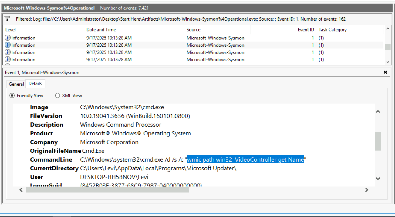 Event log showing PowerShell Get-ItemProperty command targeting the BackupProductKeyDefault registry path to steal the Windows Product Key.