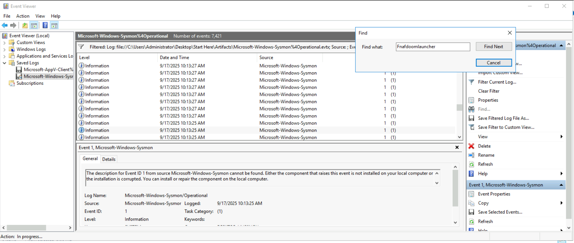 EvtxECmd output showing the Sysmon Event ID 1 log for Fnafdoomlauncher.exe with theVERYSILENT flag and the SHA-1 hash FCB94C06FA80CE277B47E545B3805AB38BB6ACF4 in the Hashes field.