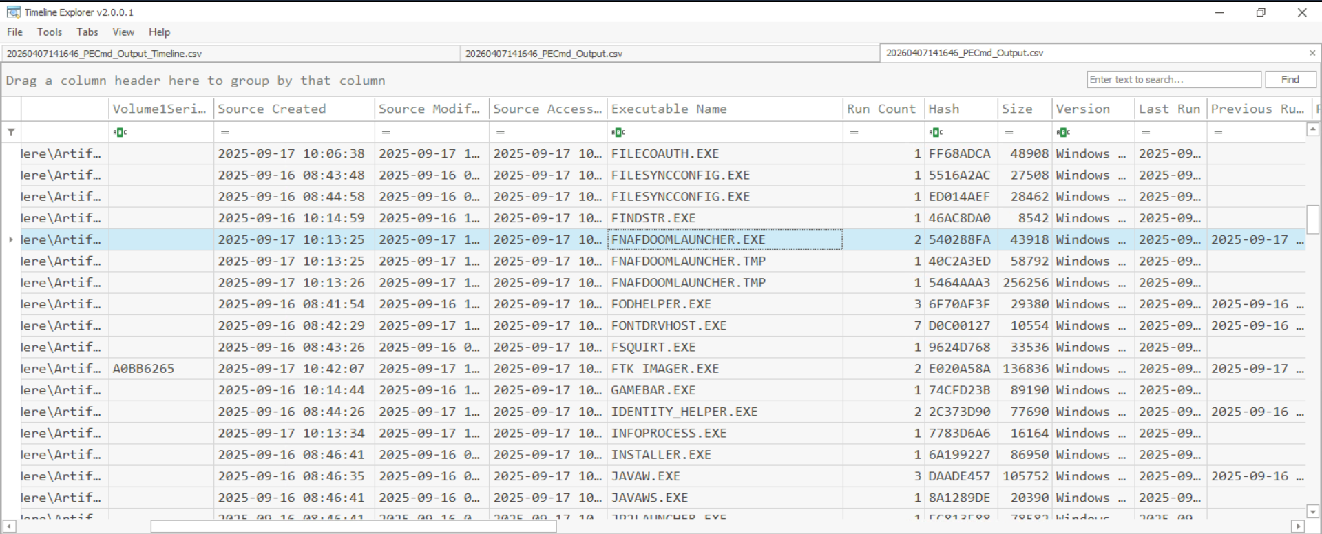 Prefetch timestamp analysis showing the first run time of Fnafdoomlauncher.exe, corroborating the download-to-execution timeline.