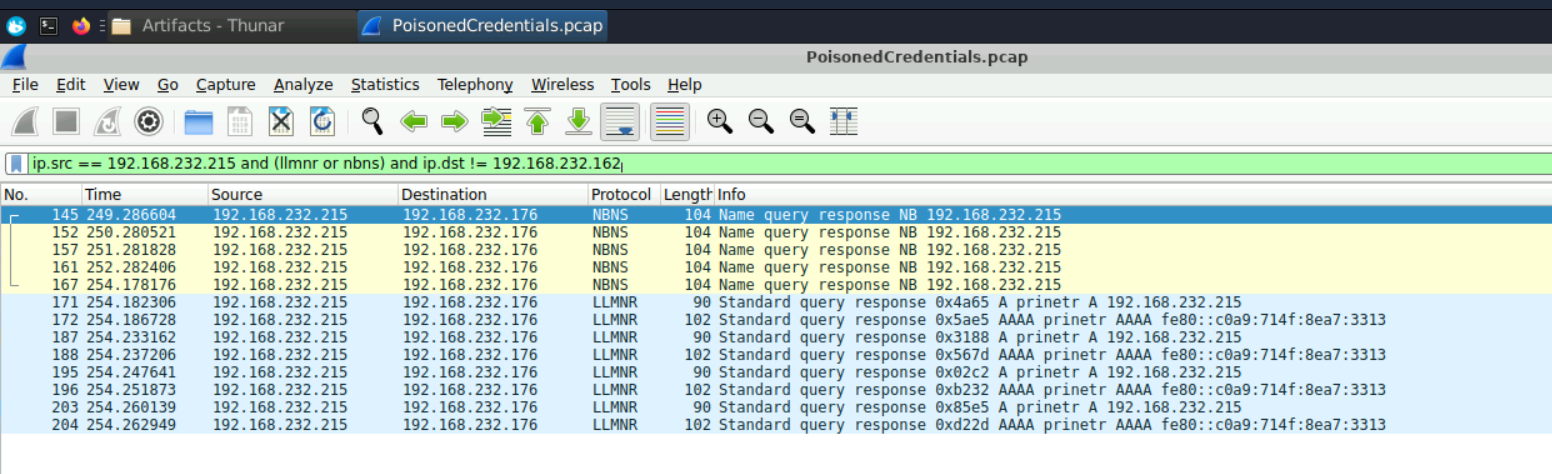 Wireshark display showing the second victim IP 192.168.232.176 receiving poisoned LLMNR/NBT-NS responses from the rogue machine 192.168.232.215 for a different mistyped hostname.