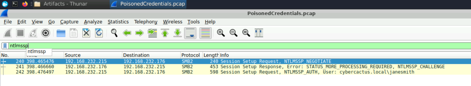 Wireshark NTLMSSP_CHALLENGE packet from 192.168.232.176 with the Target Info block expanded, showing the NetBIOS computer name ACCOUNTINGPC — the machine the attacker gained access to via SMB relay.