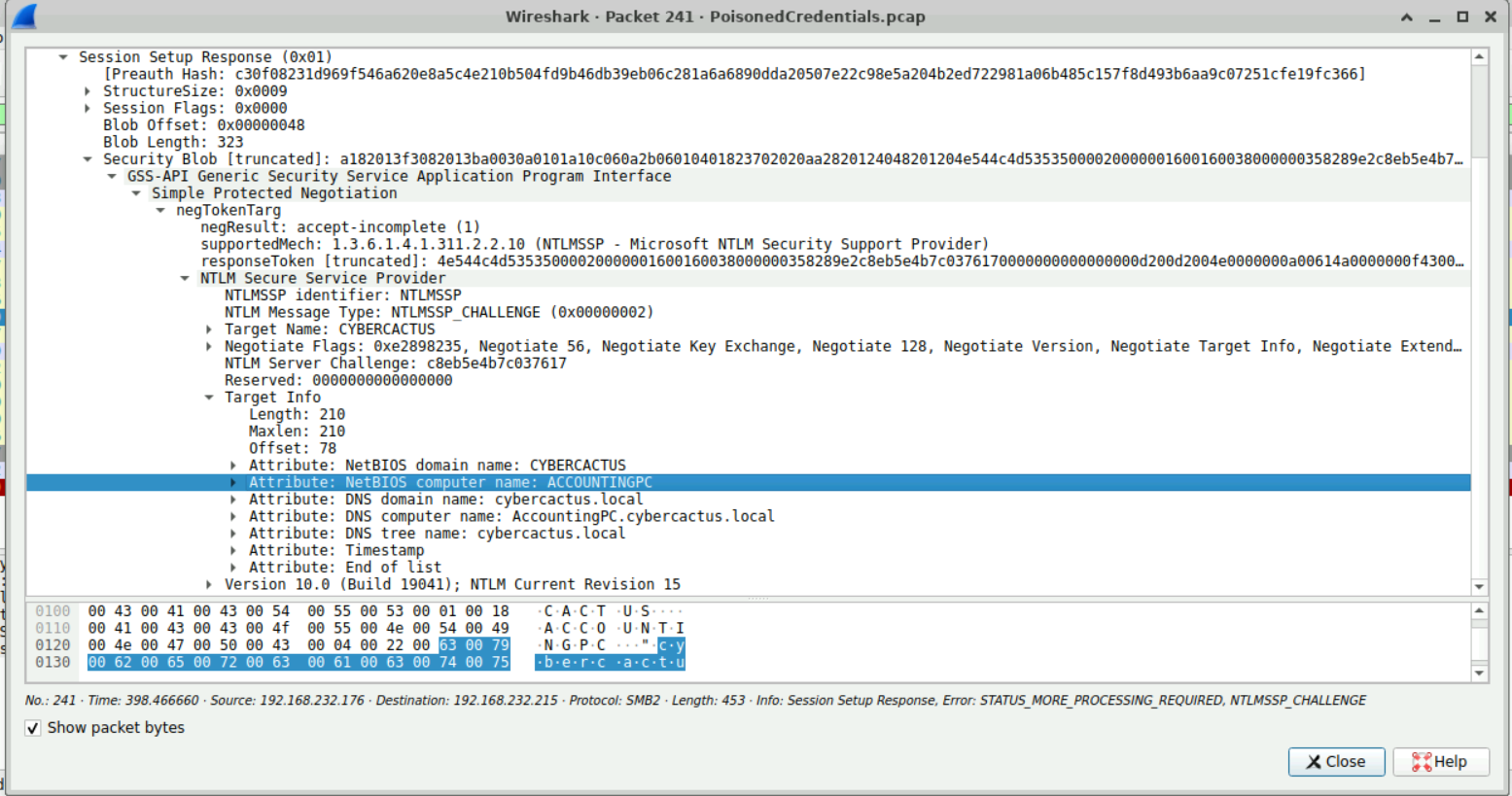 Wireshark SMB2 Tree Connect Request showing the specific shared folder path \ACCOUNTINGPC\accounts that the attacker accessed after successfully relaying Jane's credentials.