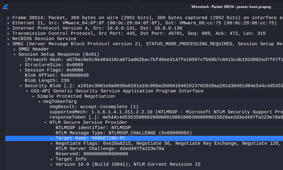 Wireshark packet details showing the SMB2 Session Setup Response from 10.0.0.131, with the NTLMSSP Security Blob expanded to reveal the Target Name as MARKETING-PC — the attacker's second pivot target in the lateral movement chain.