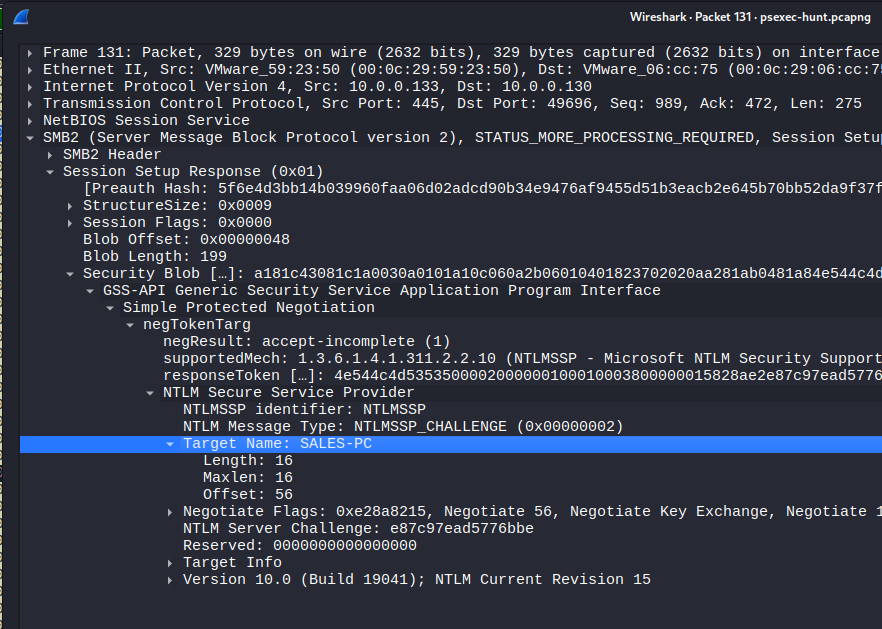 Wireshark packet details showing the SMB2 Session Setup Response from 10.0.0.133, with the NTLMSSP Security Blob expanded to reveal the Target Name field as SALES-PC — confirming the hostname of the first machine the attacker pivoted to.