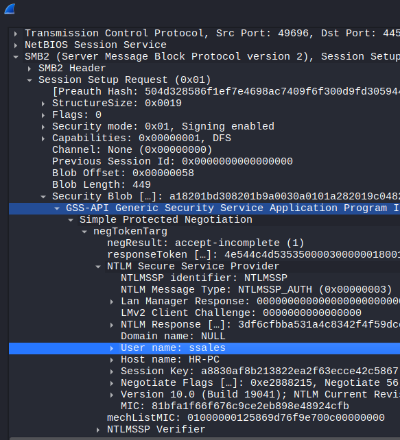 Wireshark packet details showing the SMB2 Session Setup Request from 10.0.0.130, with the NTLMSSP authentication blob expanded to reveal the User name field as ssales and the Workstation (source hostname) as HR-PC — confirming both the compromised account and the attacker's origin machine.