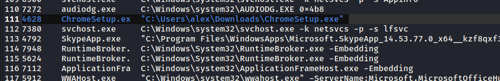 File properties or execution logs displaying the full path C:\Users\alex\Downloads\ChromeSetup.exe.