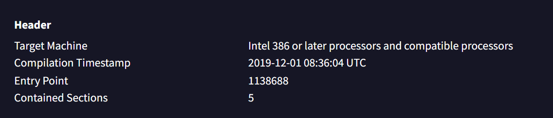 PE header analysis showing a compilation timestamp of 2019-12-01 08:36.