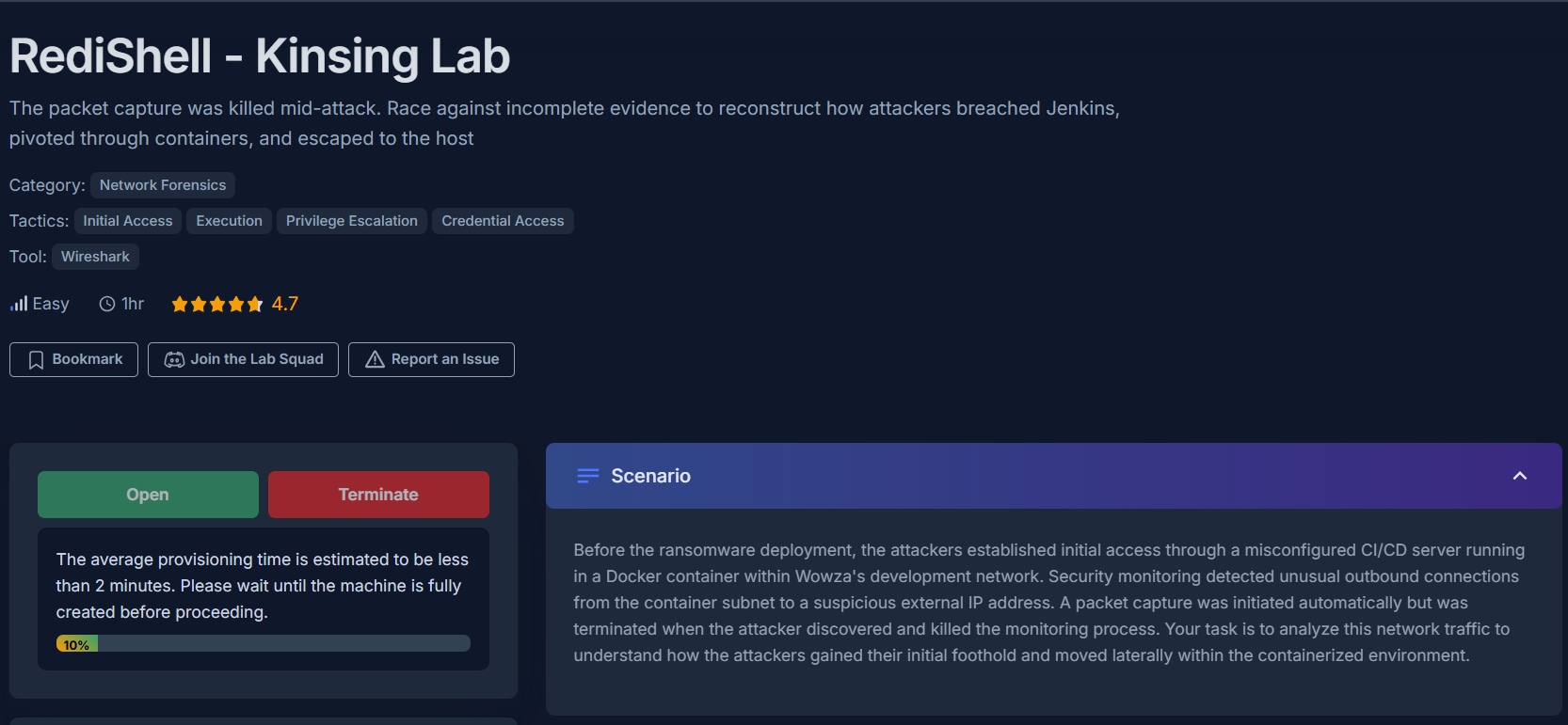 CyberDefenders RediShell Lab overview showing the challenge scenario: anomalous network traffic detected from container subnet, monitor.pcap artifact provided for analysis, rating 4.7 stars.