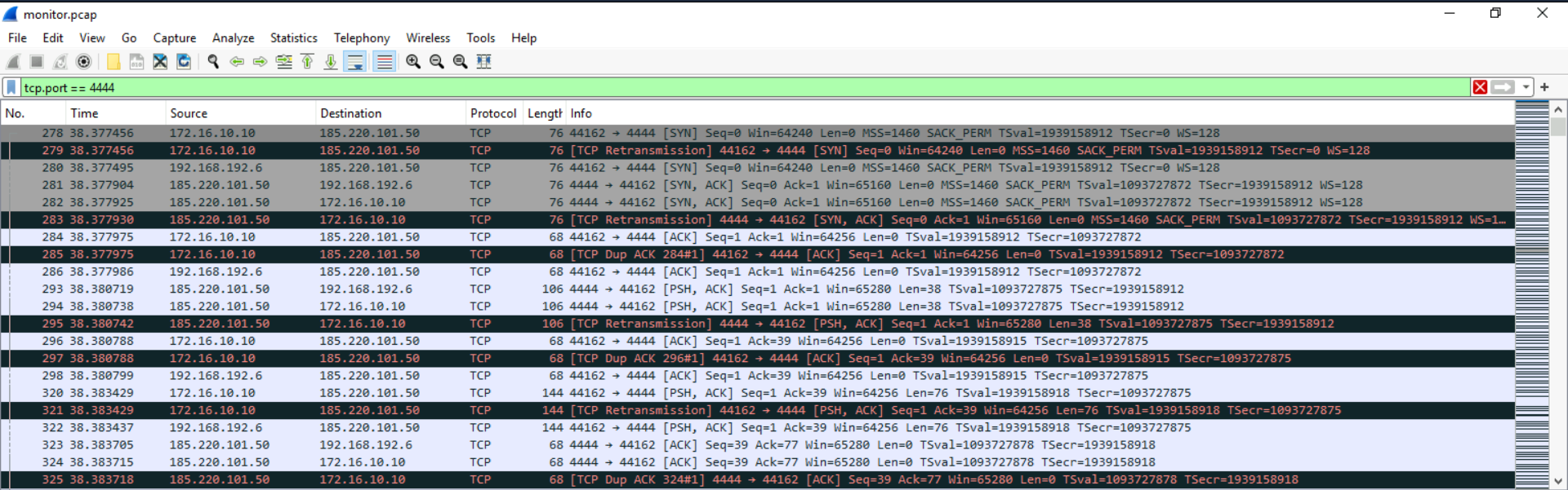 TCP stream showing the apt-get update and Python3 installation commands on the second container, setting up the environment for the Lua exploit execution.
