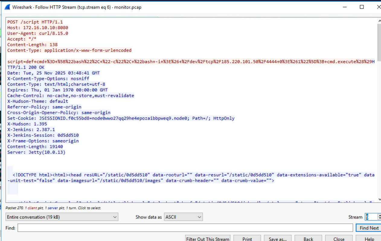 TCP stream showing the Telnet connection established from the Jenkins container to the Redis container at 172.16.10.20, displaying the login banner with hostname redis-db.corp.local and Redis version 5.0.7.