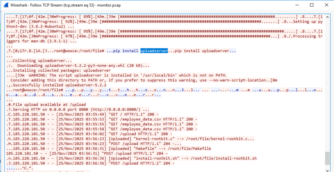 TCP stream showing the ps aux | grep tcpdump command output with tcpdump’s PID value 24918 visible in the process listing.