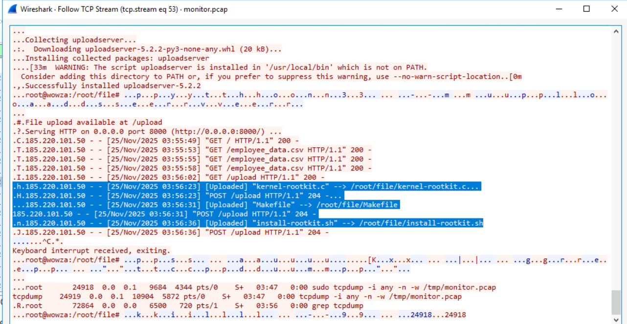 TCP stream showing the final kill command executed by the attacker to terminate the tcpdump monitoring process, explaining why the packet capture ends mid-session.