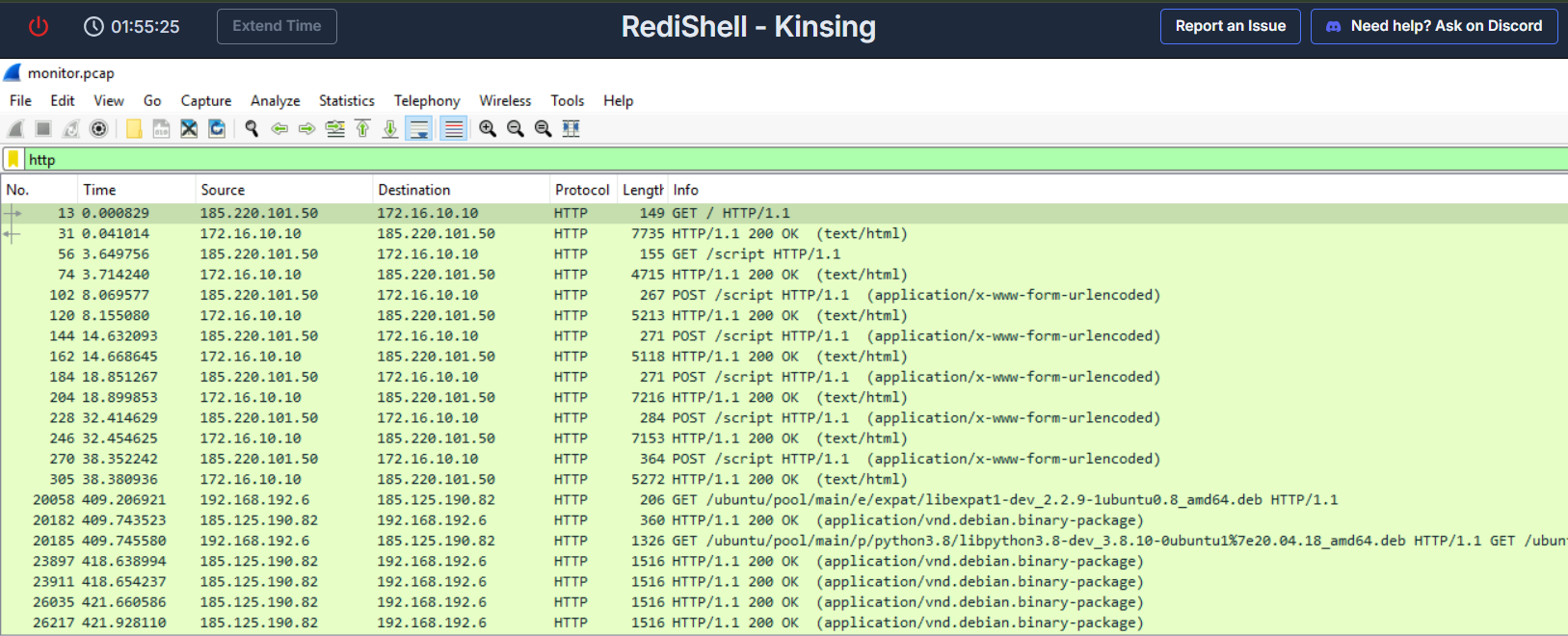 Wireshark HTTP filter showing the full traffic timeline between the attacker (185.220.101.50) and the Jenkins server (172.16.10.10) via GET reconnaissance followed by POSTscript code execution.