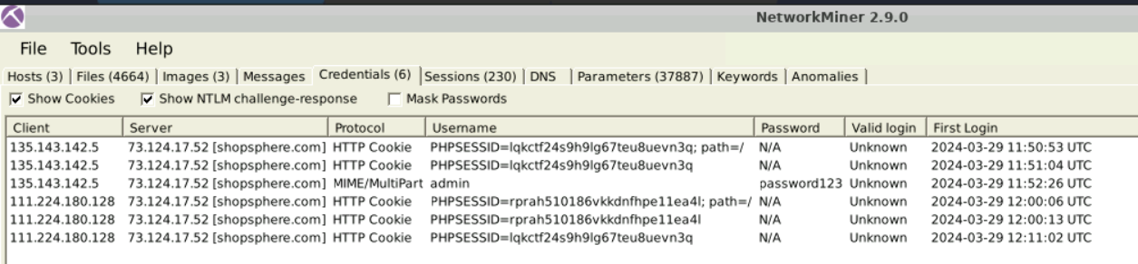 NetworkMiner Credentials tab showing the admin's session cookies, plaintext credentials, and the attacker reusing the stolen PHPSESSID.