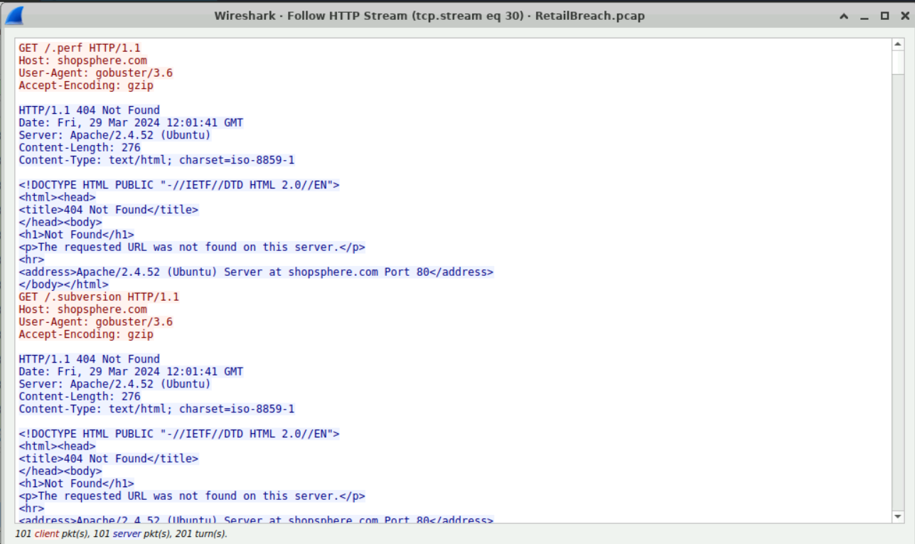 Wireshark HTTP stream showing Gobuster 3.6 User-Agent header with 404 Not Found responses from shopsphere.com.