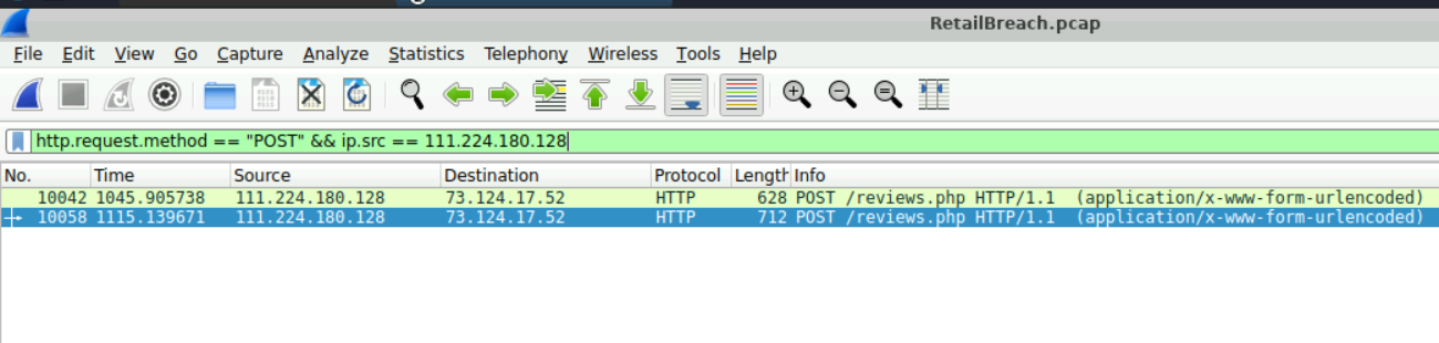 Wireshark filtered for POST requests from the attacker IP, showing two submissions toreviews.php.