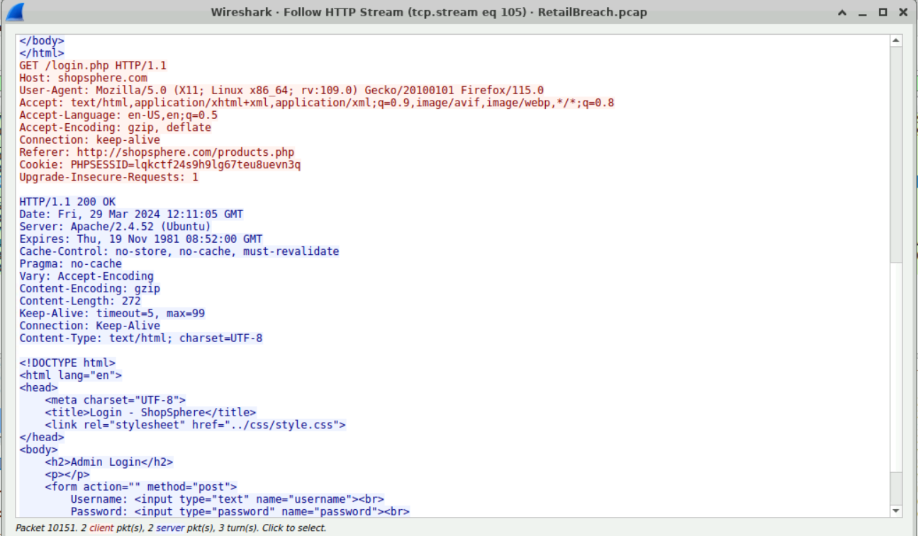 Wireshark HTTP stream showing the attacker accessinglogin.php with the stolen PHPSESSID cookie, receiving the admin login page.